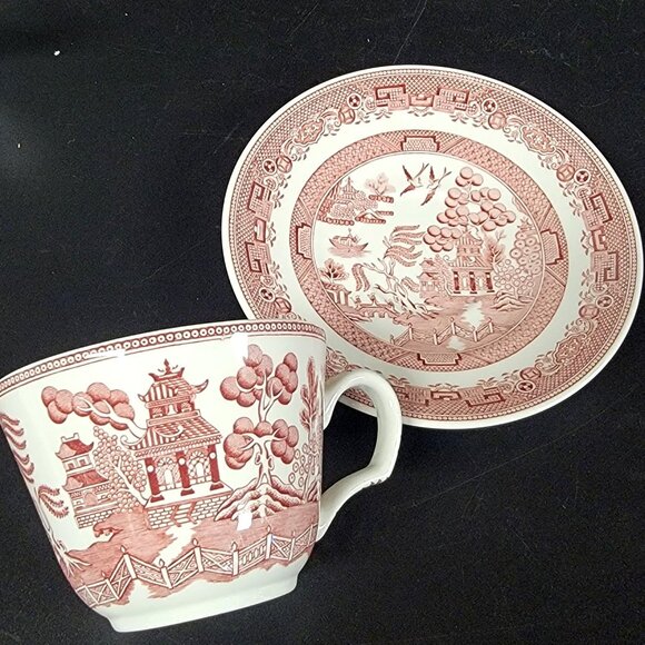 Spode Red Willow Cup and Saucer Set Archive Collection Cranberry Repro England - Picture 10 of 13